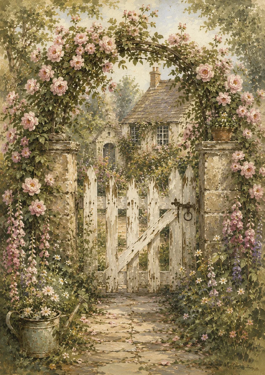 Weathered white cottage gate beneath an arch of pink roses, foxgloves, daisies, and garden greenery